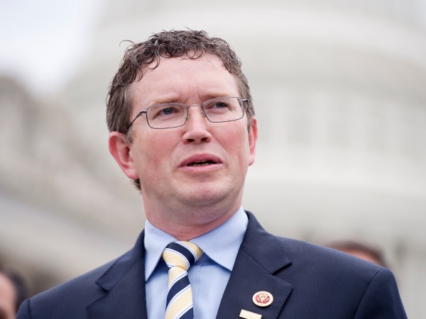 UNITED STATES - JUNE 18: Rep. Thomas Massie, R-Ky., speaks at a news conference at the House Triangle to oppose the Marketplace Fairness Act, also called the internet tax, which would require online retailers to collect a sales tax at the time of a purchase. (Photo By Tom Williams/CQ Roll Call)