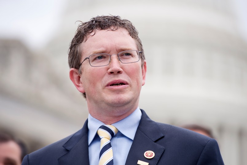 UNITED STATES - JUNE 18: Rep. Thomas Massie, R-Ky., speaks at a news conference at the House Triangle to oppose the Marketplace Fairness Act, also called the internet tax, which would require online retailers to collect a sales tax at the time of a purchase. (Photo By Tom Williams/CQ Roll Call)