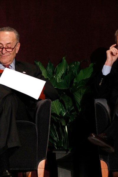 LOUISVILLE, KY - FEBRUARY 12: U.S. Senate Majority Leader Mitch McConnell (right) (R-KY) and U.S. Senate Democratic Leader Chuck Schumer (D-NY) wait on the stage together at the University of Louisville's McConnell Center where Schumer was scheduled to speak February 12, 2018 in Louisville, Kentucky. Sen. Schumer spoke at the event as part of the Center's Distinguished Speaker Series, and Sen. McConnell introduced him. (Photo by Bill Pugliano/Getty Images)