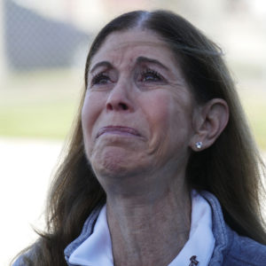 Scott Beigel's mother Linda Beigel Schulman speaks emotionally to the media about her son, a geography teacher and cross country coach, who was murdered a year ago at Marjory Stoneman Douglas High School along with 16 others on Feb. 14, 2019 in Parkland, Fla. (Emily Michot/Miami Herald/TNS)