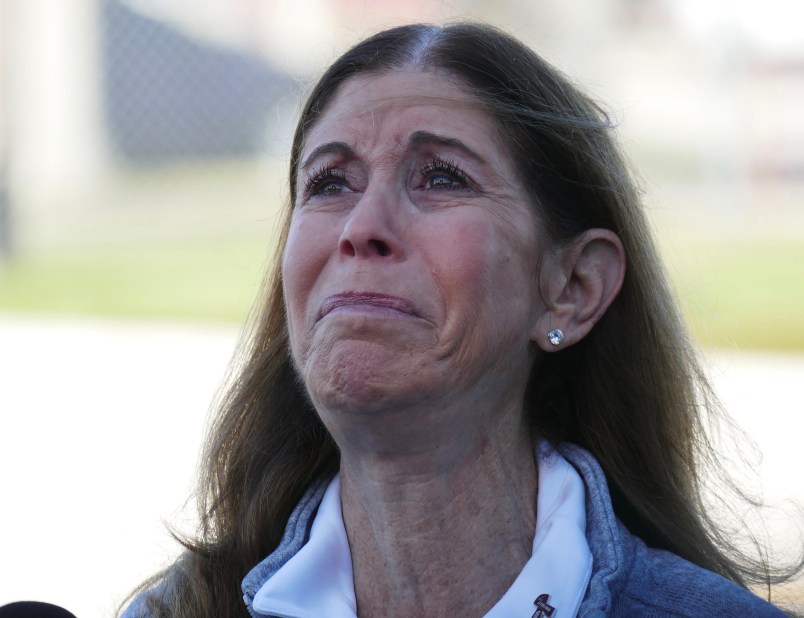 Scott Beigel's mother Linda Beigel Schulman speaks emotionally to the media about her son, a geography teacher and cross country coach, who was murdered a year ago at Marjory Stoneman Douglas High School along with 16 others on Feb. 14, 2019 in Parkland, Fla. (Emily Michot/Miami Herald/TNS)