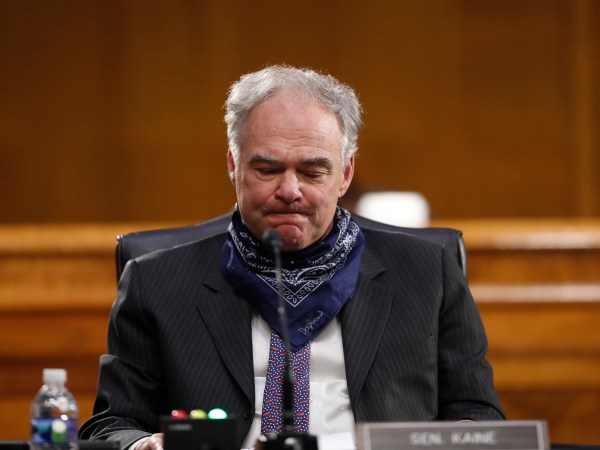 Sen. Tim Kaine, D-Va., listens during a Senate Health Education Labor and Pensions Committee hearing on new coronavirus tests on Capitol Hill in Washington, Thursday, May 7, 2020. (AP Photo/Andrew Harnik, Pool)