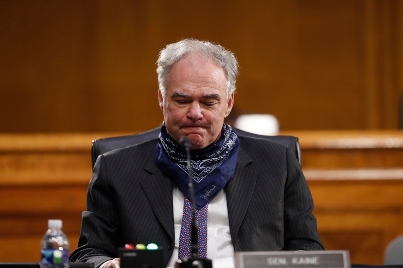 Sen. Tim Kaine, D-Va., listens during a Senate Health Education Labor and Pensions Committee hearing on new coronavirus tests on Capitol Hill in Washington, Thursday, May 7, 2020. (AP Photo/Andrew Harnik, Pool)