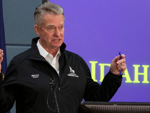 Gov. Brad Little issues a statewide stay-at-home order to further prevent spread of coronavirus COVID-19 at a press conference on March 25, 2020 in Boise, Idaho. (Darin Oswald/Idaho Statesman/TNS)