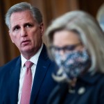 UNITED STATES - SEPTEMBER 30: House Minority Leader Kevin McCarthy, R-Calif., and Republican Conference Chair Liz Cheney, R-Wyo., conduct a news conference on the China Task Force report in the Capitol’s Rayburn Room on Wednesday, September 30, 2020. The report outlines bipartisan action to combat threats from China. (Photo By Tom Williams/CQ Roll Call)