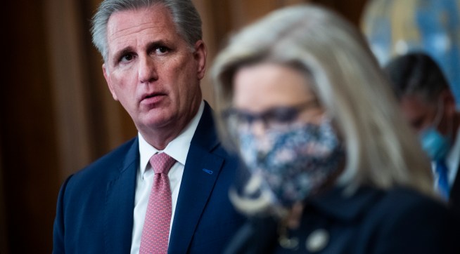UNITED STATES - SEPTEMBER 30: House Minority Leader Kevin McCarthy, R-Calif., and Republican Conference Chair Liz Cheney, R-Wyo., conduct a news conference on the China Task Force report in the Capitol’s Rayburn Room on Wednesday, September 30, 2020. The report outlines bipartisan action to combat threats from China. (Photo By Tom Williams/CQ Roll Call)