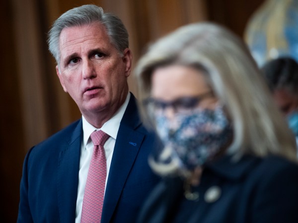 UNITED STATES - SEPTEMBER 30: House Minority Leader Kevin McCarthy, R-Calif., and Republican Conference Chair Liz Cheney, R-Wyo., conduct a news conference on the China Task Force report in the Capitol’s Rayburn Room on Wednesday, September 30, 2020. The report outlines bipartisan action to combat threats from China. (Photo By Tom Williams/CQ Roll Call)