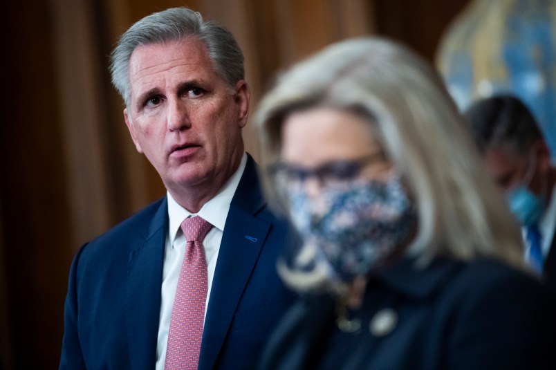 UNITED STATES - SEPTEMBER 30: House Minority Leader Kevin McCarthy, R-Calif., and Republican Conference Chair Liz Cheney, R-Wyo., conduct a news conference on the China Task Force report in the Capitol’s Rayburn Room on Wednesday, September 30, 2020. The report outlines bipartisan action to combat threats from China. (Photo By Tom Williams/CQ Roll Call)