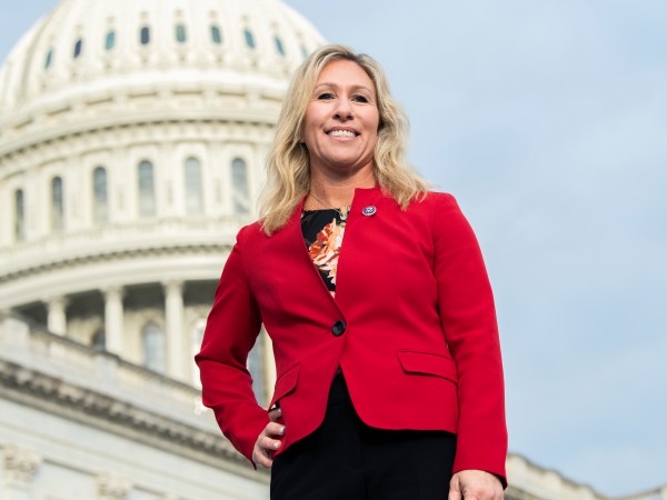 UNITED STATES - JANUARY 4: Rep. Marjorie Taylor Greene, R-Ga., is seen during a group photo with freshmen members of the House Republican Conference on the House steps of the Capitol on Monday, January 4, 2021. (Photo By Tom Williams/CQ Roll Call)