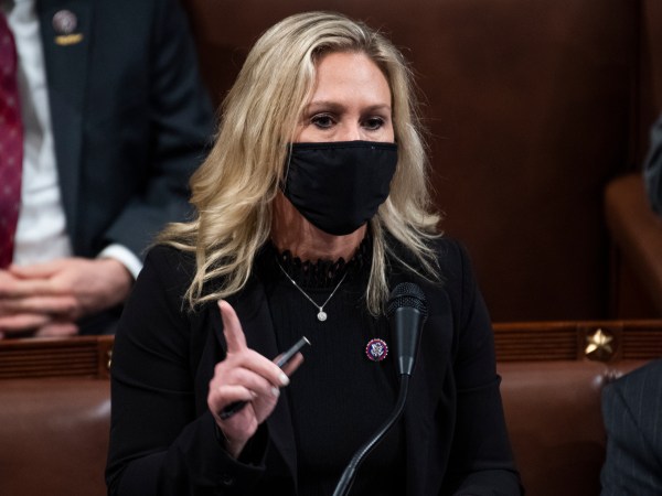 UNITED STATES - JANUARY 7: Rep. Marjorie Taylor Greene, R-Ga., objects to Michigan’s Electoral College votes during a joint session of Congress to certify the 2020 presidential election in the House chamber on Thursday, January 7, 2021. (Photo By Tom Williams/CQ Roll Call)