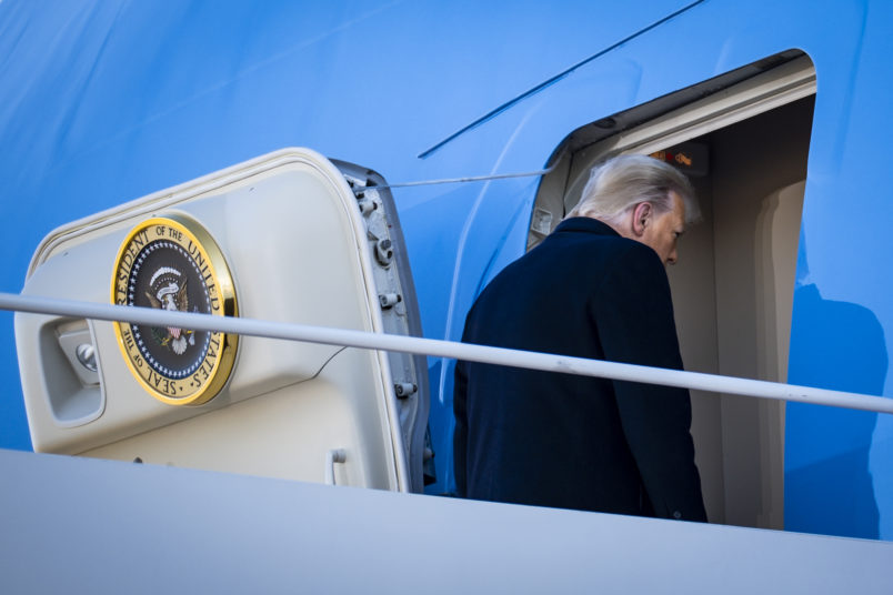 President Donald Trump boards Air Force One at Joint Base Andrews before boarding Air Force One for his last time as President on January 20, 2021. Trump is traveling to his Mar-a-Lago Club in Palm Beach, Fla. (photo by Pete Marovich for The New York Times)NYTINAUG