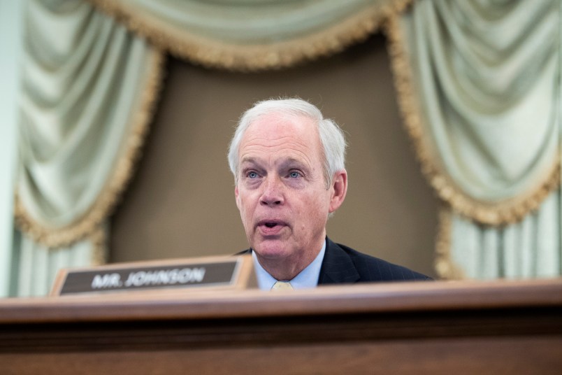 UNITED STATES - JANUARY 26 : Sen. Ron Johnson, R-Wis., questions Gina Raimondo, nominee for Secretary of Commerce, during her Senate Commerce, Science, and Transportation Committee confirmation hearing in Russell Senate Office Building in Washington, D.C., on Tuesday, January 26, 2021. (Photo By Tom Williams/CQ Roll Call/POOL)