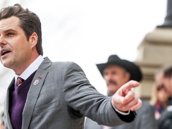 CHEYENNE, WY - JANUARY 28: Rep. Matt Gaetz (R-FL) speaks to a crowd during a rally against Rep. Liz Cheney (R-WY) on January 28, 2021 in Cheyenne, Wyoming. Gaetz added his voice to a growing effort to vote Cheney out of office after she voted in favor of impeaching Donald Trump. (Photo by Michael Ciaglo/Getty Images)