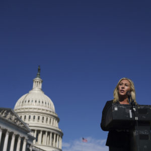 WASHINGTON, DC - FEBRUARY 5: Rep. Marjorie Taylor Greene (R-GA) speaks during a press conference outside the U.S. Capitol on February 5, 2021 in Washington, DC. The House voted 230 to 199 on Friday evening to remove Rep. Marjorie Taylor Greene (R-GA) from committee assignments over her remarks about QAnon and other conspiracy theories. (Photo by Drew Angerer/Getty Images)
