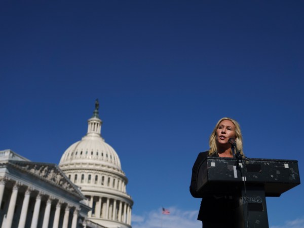 WASHINGTON, DC - FEBRUARY 5: Rep. Marjorie Taylor Greene (R-GA) speaks during a press conference outside the U.S. Capitol on February 5, 2021 in Washington, DC. The House voted 230 to 199 on Friday evening to remove Rep. Marjorie Taylor Greene (R-GA) from committee assignments over her remarks about QAnon and other conspiracy theories. (Photo by Drew Angerer/Getty Images)