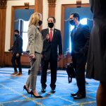 UNITED STATES - FEBRUARY 9: Lead impeachment manager Rep. Jamie Raskin, D-Md., center, talks with managers Reps. Joaquin Castro, D-Texas, and Madeleine Dean, D-Pa., before the start of the second impeachment trial of former President Donald Trump in the Capitol on Tuesday, February 9, 2021. (Photo By Tom Williams/CQ Roll Call)