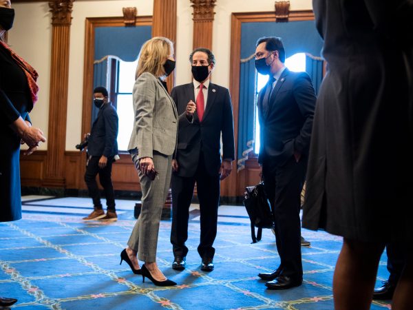 UNITED STATES - FEBRUARY 9: Lead impeachment manager Rep. Jamie Raskin, D-Md., center, talks with managers Reps. Joaquin Castro, D-Texas, and Madeleine Dean, D-Pa., before the start of the second impeachment trial of former President Donald Trump in the Capitol on Tuesday, February 9, 2021. (Photo By Tom Williams/CQ Roll Call)