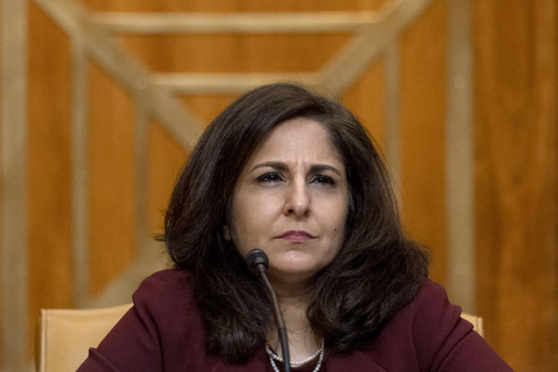 Neera Tanden, President Joe Biden’s nominee for Director of the Office of Management and Budget (OMB), appears beofre a Senate Committee on the Budget hearing on Capitol Hill in Washington, Wednesday, Feb. 10, 2021.(AP Photo/Andrew Harnik, Pool)