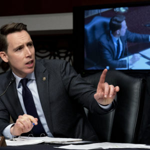 Sen. Josh Hawley, R-Mo., speaks at a Senate Homeland Security and Governmental Affairs & Senate Rules and Administration joint hearing on Capitol Hill, Washington, Tuesday, Feb. 23, 2021, to examine the January 6th attack on the Capitol. (AP Photo/Andrew Harnik, Pool)