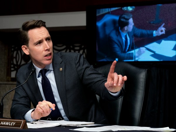 Sen. Josh Hawley, R-Mo., speaks at a Senate Homeland Security and Governmental Affairs & Senate Rules and Administration joint hearing on Capitol Hill, Washington, Tuesday, Feb. 23, 2021, to examine the January 6th attack on the Capitol. (AP Photo/Andrew Harnik, Pool)