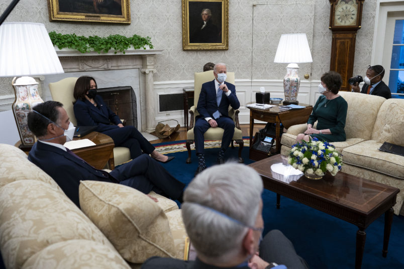 President Joe Biden and Vice President Kamala Harris meets with Republican Senators about the American Rescue Plan, in the Oval Office, Monday, Feb.1, 2021. (Photo by Doug Mills/The New York Times)