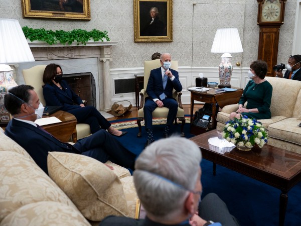 President Joe Biden and Vice President Kamala Harris meets with Republican Senators about the American Rescue Plan, in the Oval Office, Monday, Feb.1, 2021. (Photo by Doug Mills/The New York Times)