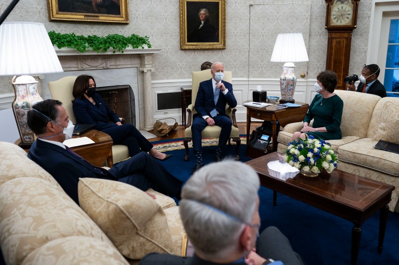 President Joe Biden and Vice President Kamala Harris meets with Republican Senators about the American Rescue Plan, in the Oval Office, Monday, Feb.1, 2021. (Photo by Doug Mills/The New York Times)