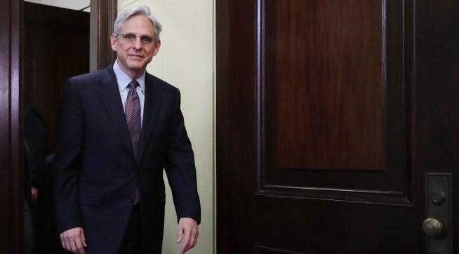 Supreme Court nominee Merrick Garland meets with Sen. Tim Kaine (D-VA) in his office in the Russell Senate Office Building on Capitol Hill April 21, 2016 in Washington, DC. President Barack Obama nominated Garland to replace Associate Justice Antonin Scalia who passed away earlier this year.