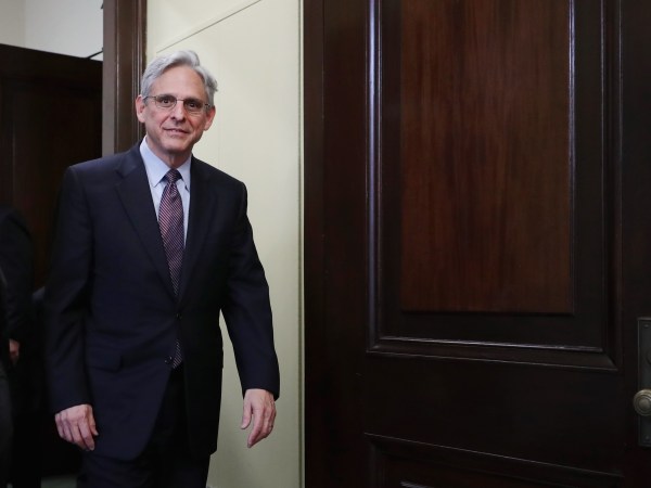Supreme Court nominee Merrick Garland meets with Sen. Tim Kaine (D-VA) in his office in the Russell Senate Office Building on Capitol Hill April 21, 2016 in Washington, DC. President Barack Obama nominated Garland to replace Associate Justice Antonin Scalia who passed away earlier this year.