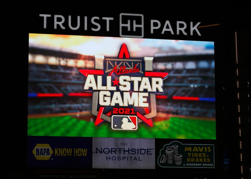 ATLANTA, GA - SEPTEMBER 24: The 2021 All Star Game Logo is displayed on the screen prior to the game between the Miami Marlins and Atlanta Braves at Truist Park on September 24, 2020 in Atlanta, Georgia. (Photo by Todd Kirkland/Getty Images) *** Local Caption ***