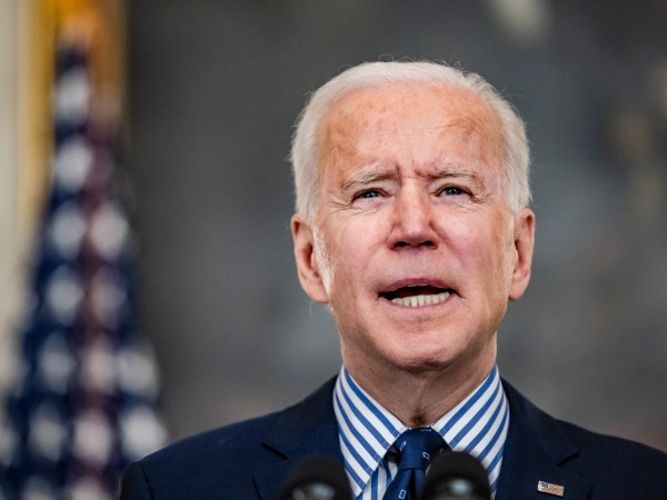 WASHINGTON, DC - MARCH 06: President Joe Biden speaks from the State Dining Room following the passage of the American Rescue Plan in the U.S. Senate at the White House on March 6, 2021 in Washington, DC. (Photo by Samuel Corum/Getty Images) *** Local Caption *** Joe Biden