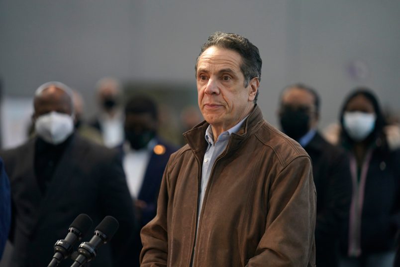 New York Gov. Andrew Cuomo speaks at a vaccination site on Monday, March 8, 2021, in New York. (AP Photo/Seth Wenig, Pool)