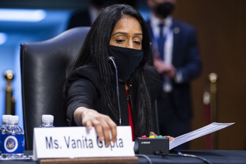 UNITED STATES - MARCH 09: Vanita Gupta, nominee for associate attorney general, arrives for her Senate Judiciary Committee confirmation hearing in Hart Building on Tuesday, March 9, 2021. Lisa Monaco, nominee for deputy attorney general, also testified. (Photo By Tom Williams/CQ Roll Call)