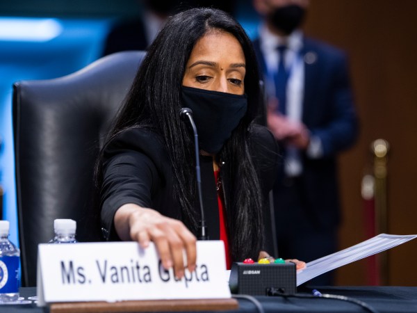 UNITED STATES - MARCH 09: Vanita Gupta, nominee for associate attorney general, arrives for her Senate Judiciary Committee confirmation hearing in Hart Building on Tuesday, March 9, 2021. Lisa Monaco, nominee for deputy attorney general, also testified. (Photo By Tom Williams/CQ Roll Call)
