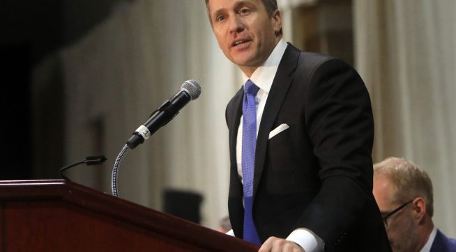 Gov. Eric Greitens delivers the keynote address at the St. Louis Area Police Chiefs Association 27th Annual Police Officer Memorial Prayer Breakfast on April 25, 2018, at the St. Charles Convention Center. (Laurie Skrivan/St. Louis Post-Dispatch/TNS)