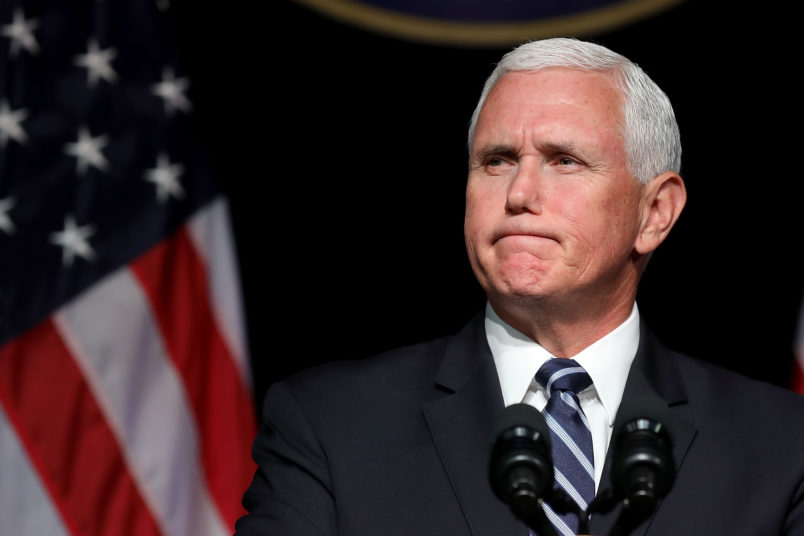 U.S. Vice President Mike Pence announces the Trump Administration's plan to create the U.S. Space Force by 2020 during a speech at the Pentagon August 9, 2018 in Arlington, Virginia. Describing space as advasarial and crowded and citing threats from China and Russia, Pence said the new Space Force would be a separate, sixth branch of the military.