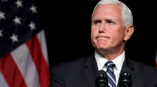 U.S. Vice President Mike Pence announces the Trump Administration's plan to create the U.S. Space Force by 2020 during a speech at the Pentagon August 9, 2018 in Arlington, Virginia. Describing space as advasarial and crowded and citing threats from China and Russia, Pence said the new Space Force would be a separate, sixth branch of the military.