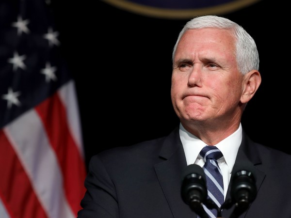 U.S. Vice President Mike Pence announces the Trump Administration's plan to create the U.S. Space Force by 2020 during a speech at the Pentagon August 9, 2018 in Arlington, Virginia. Describing space as advasarial and crowded and citing threats from China and Russia, Pence said the new Space Force would be a separate, sixth branch of the military.
