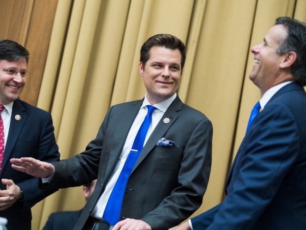 UNITED STATES - MAY 8: From left, Reps. Mike Johnson, R-La., Matt Gaetz, R-Fla., and John Ratcliffe, R-Texas, are seen during a House Judiciary Committee markup in Rayburn Building on Wednesday, May 8, 2019, to vote on whether to hold Attorney General William Barr in contempt of Congress for refusing to turn over the unredacted Mueller report to the committee. (Photo By Tom Williams/CQ Roll Call)