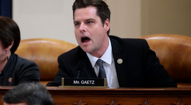 House Judiciary Committee Republican member Rep. Matt Gaetz (R-FL) talks out of turn and interrupts the hearing before being stopped by Chairman Jerrold Nadler during a House Judiciary Committee hearing to receive counsel presentations of evidence on the impeachment inquiry into U.S. President Donald Trump on Capitol Hill in Washington, U.S., December 9, 2019. REUTERS/Jonathan Ernst