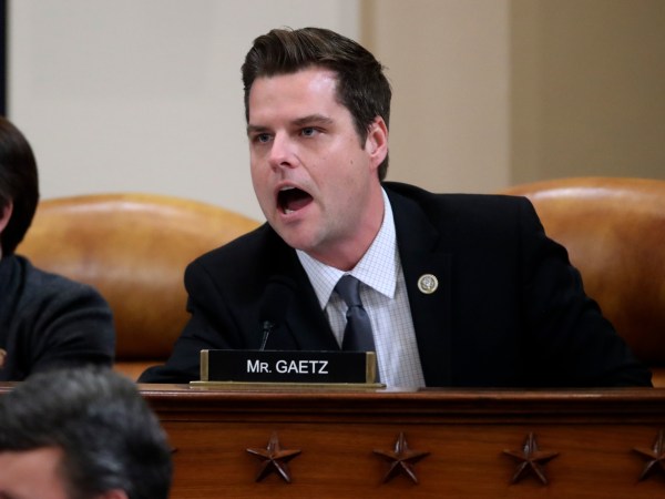 House Judiciary Committee Republican member Rep. Matt Gaetz (R-FL) talks out of turn and interrupts the hearing before being stopped by Chairman Jerrold Nadler during a House Judiciary Committee hearing to receive counsel presentations of evidence on the impeachment inquiry into U.S. President Donald Trump on Capitol Hill in Washington, U.S., December 9, 2019. REUTERS/Jonathan Ernst