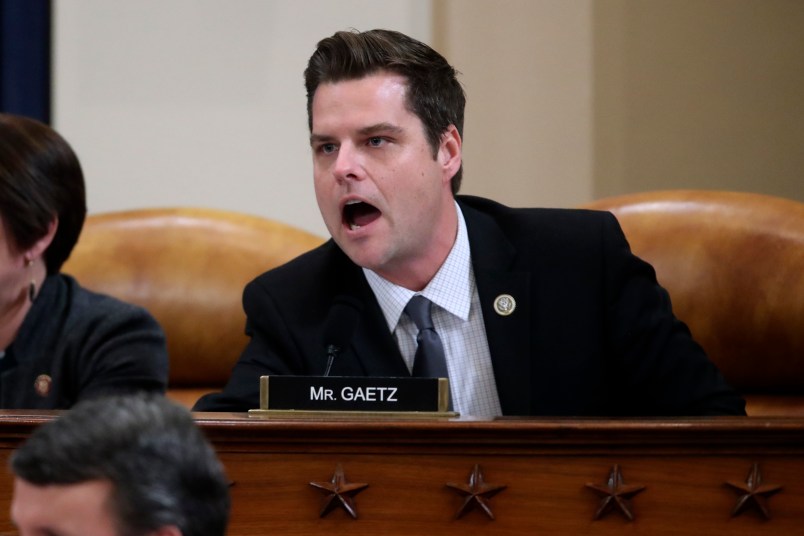 House Judiciary Committee Republican member Rep. Matt Gaetz (R-FL) talks out of turn and interrupts the hearing before being stopped by Chairman Jerrold Nadler during a House Judiciary Committee hearing to receive counsel presentations of evidence on the impeachment inquiry into U.S. President Donald Trump on Capitol Hill in Washington, U.S., December 9, 2019. REUTERS/Jonathan Ernst