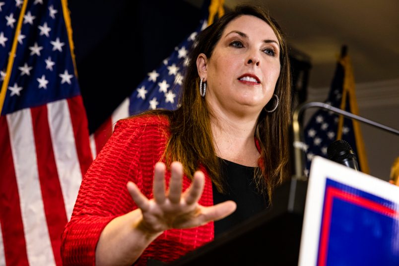 WASHINGTON, DC - NOVEMBER 09: RNC Chairwoman Ronna McDaniel speaks during a press conference at the Republican National Committee headquarters on November 9, 2020 in Washington, DC. Trump campaign and Republican Party officials continued to push theories of voter intimidation, fraud, and illegal votes but were unable to provide proof at the time of the press conference. (Photo by Samuel Corum/Getty Images) *** Local Caption *** Ronna McDaniel