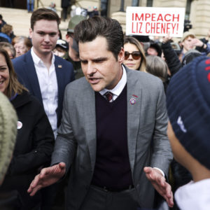CHEYENNE, WY - JANUARY 28: Rep. Matt Gaetz (R-FL) greets supporters after speaking to a crowd during a rally against Rep. Liz Cheney (R-WY) on January 28, 2021 in Cheyenne, Wyoming. Gaetz added his voice to a growing effort to vote Cheney out of office after she voted in favor of impeaching Donald Trump. (Photo by Michael Ciaglo/Getty Images)