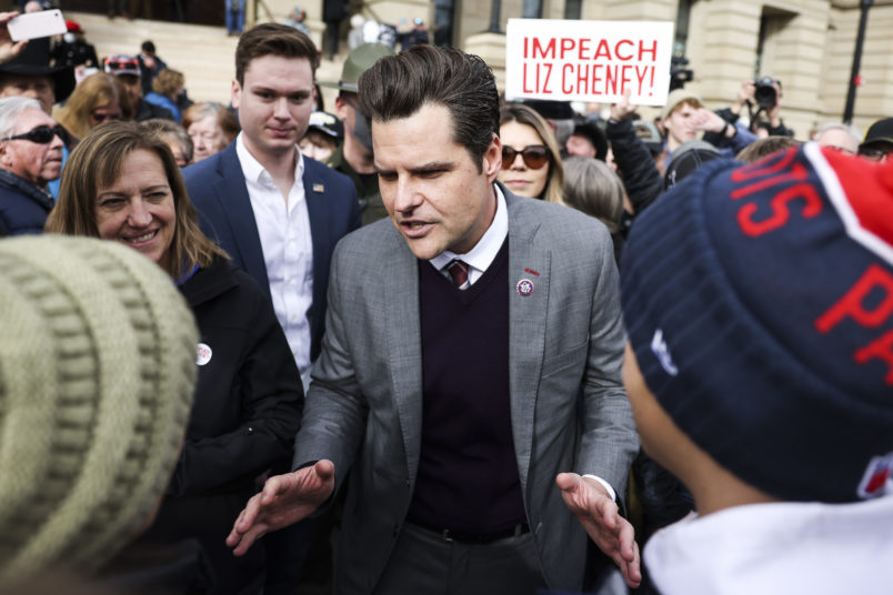 CHEYENNE, WY - JANUARY 28: Rep. Matt Gaetz (R-FL) greets supporters after speaking to a crowd during a rally against Rep. Liz Cheney (R-WY) on January 28, 2021 in Cheyenne, Wyoming. Gaetz added his voice to a growing effort to vote Cheney out of office after she voted in favor of impeaching Donald Trump. (Photo by Michael Ciaglo/Getty Images)