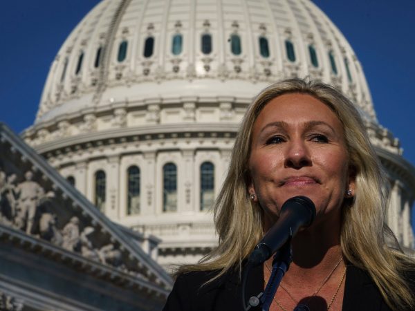 WASHINGTON, DC - FEBRUARY 5: Rep. Marjorie Taylor Greene (R-GA) speaks during a press conference outside the U.S. Capitol on February 5, 2021 in Washington, DC. The House voted 230 to 199 on Friday evening to remove Rep. Marjorie Taylor Greene (R-GA) from committee assignments over her remarks about QAnon and other conspiracy theories. (Photo by Drew Angerer/Getty Images)
