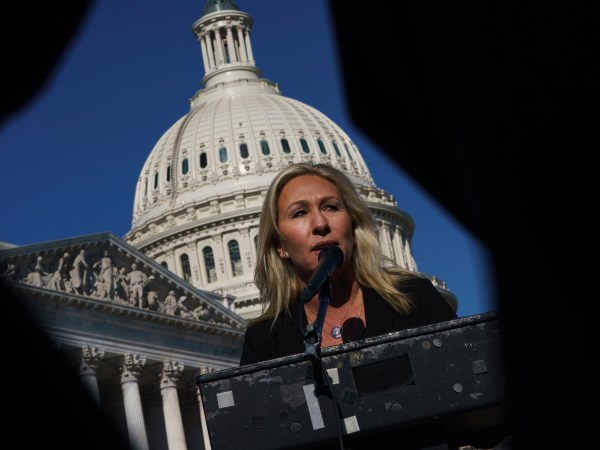 WASHINGTON, DC - FEBRUARY 5: Rep. Marjorie Taylor Greene (R-GA) speaks during a press conference outside the U.S. Capitol on February 5, 2021 in Washington, DC. The House voted 230 to 199 on Friday evening to remove Rep. Marjorie Taylor Greene (R-GA) from committee assignments over her remarks about QAnon and other conspiracy theories. (Photo by Drew Angerer/Getty Images)