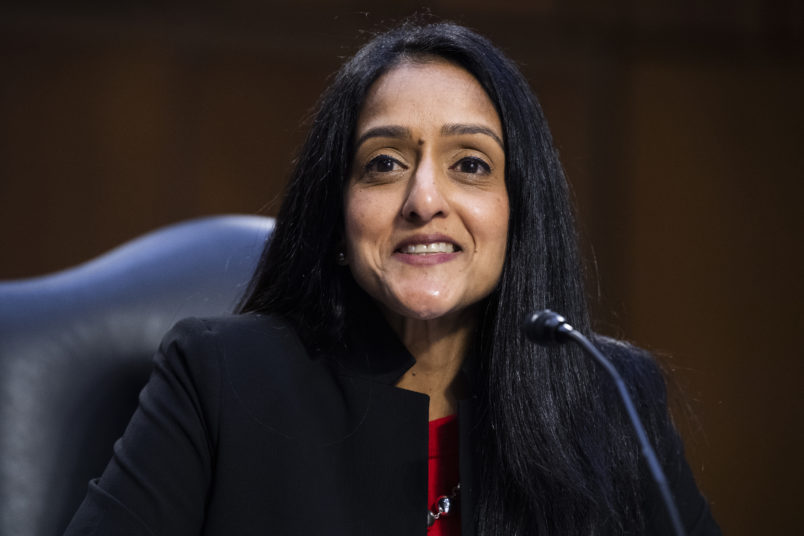 UNITED STATES - MARCH 09: Vanita Gupta, nominee for associate attorney general, testifies during her Senate Judiciary Committee confirmation hearing in Hart Building on Tuesday, March 9, 2021. Lisa Monaco, nominee for deputy attorney general, also testified. (Photo By Tom Williams/CQ Roll Call)
