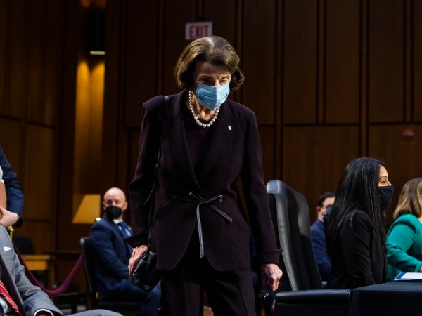 UNITED STATES - MARCH 09: Sen. Dianne Feinstein, D-Calif., arrives for the Senate Judiciary Committee confirmation hearing for Lisa Monaco, far right, nominee for deputy attorney general, and Vanita Gupta, nominee for associate  attorney general, in Hart Building on Tuesday, March 9, 2021.  (Photo By Tom Williams/CQ Roll Call)