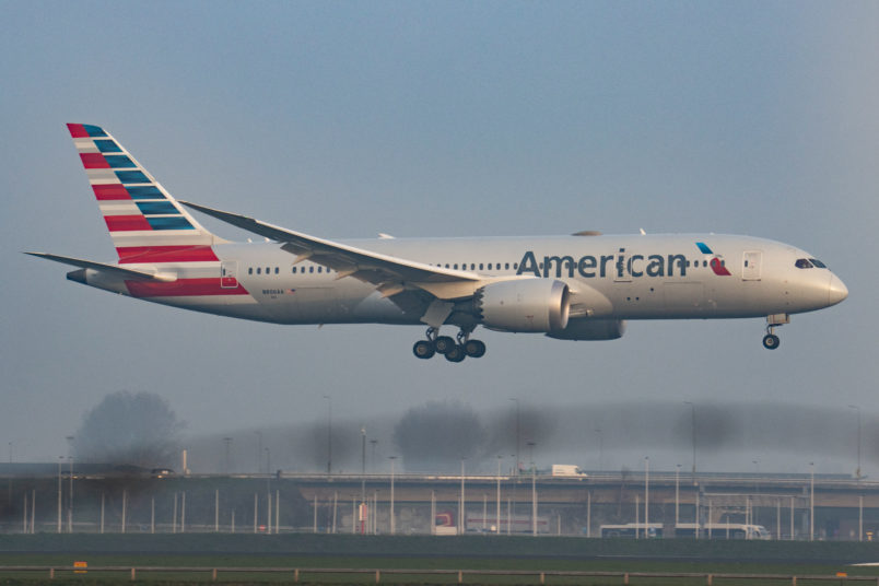 American Airlines Boeing 787 Dreamliner aircraft as seen flying and arriving early morning, on final approach landing at Amsterdam Schiphol Internation Airport AMS EHAM. The advanced modern wide-body B787 airplane has the registration N806AA and is powered by 2x GE jet engines. American is a US carrier based in Fort Worth in Texas, it is the largest airline in the world by fleet size and passengers carried, member of Oneworld aviation alliance.  The world aviation passenger traffic numbers fell because of the travel restrictions and the safety measures such as lockdowns, quarantine etc due to the Covid-19 Coronavirus pandemic that hit hard the aviation industry. Amsterdam, Netherlands on April 1, 2021 (Photo by Nicolas Economou/NurPhoto)